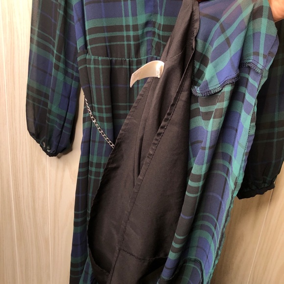 A New Day Long Sleeve Flowly Dress Size Medium Tartan Plaid Pattern Chain Belt - Picture 6 of 10